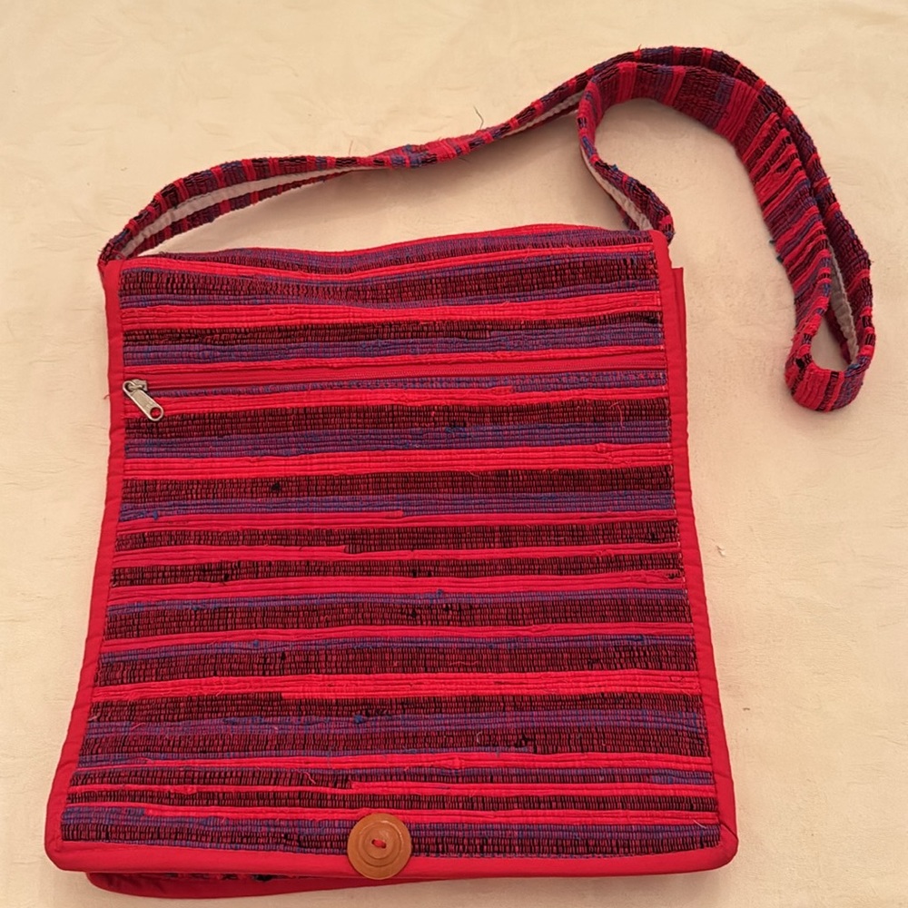 Thai hilltribe crossbody bag and/or lunchbox. Mostly red, with blue & black (mlb